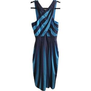Trina Turk Lusee Dress Womens 8 Blue Striped Pleated Midi Sleeveless NWT $298